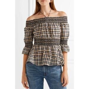 GANNI Charron Blouse Top Black Brown Off-the-shoulder Checked Peplum Size 8/10